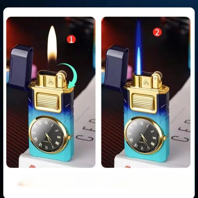 Dual Flame gas lighter with built-in watch